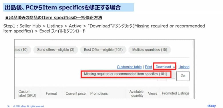 ebay Item Specifics　商品詳細