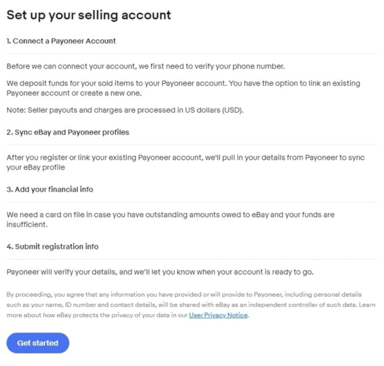 eBay販売アカウントを作成する 画面