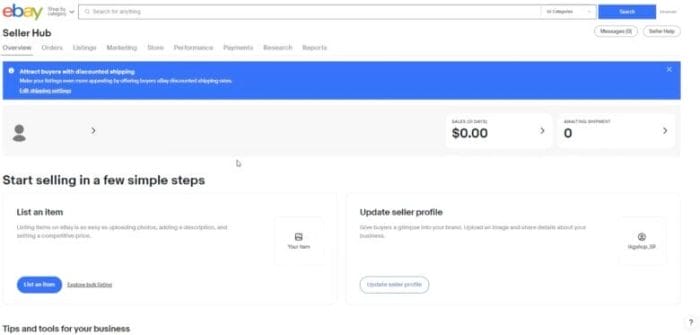新しいeBayアカウントに入れたら無事サブアカウント開設が完了 画面