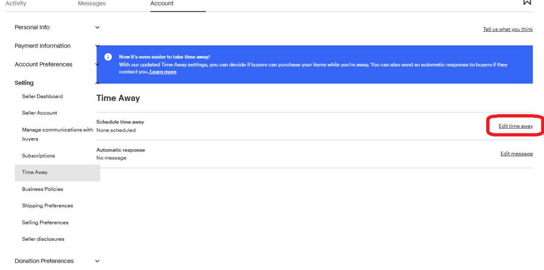 【ebay輸出】TimeAway設定　休暇