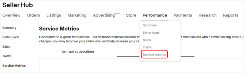 Seller HubからService metricsをクリックする 画像