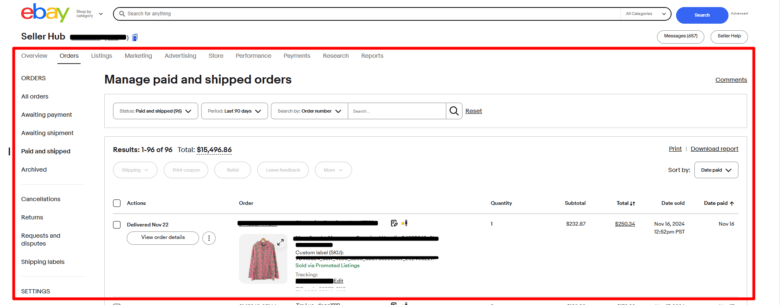 eBayでの追跡番号の確認方法 画像