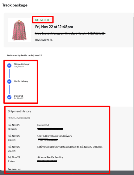 eBayでの追跡番号の確認方法 画像