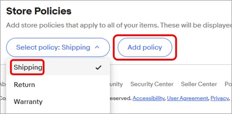 シッピングポリシーを入力する 画像