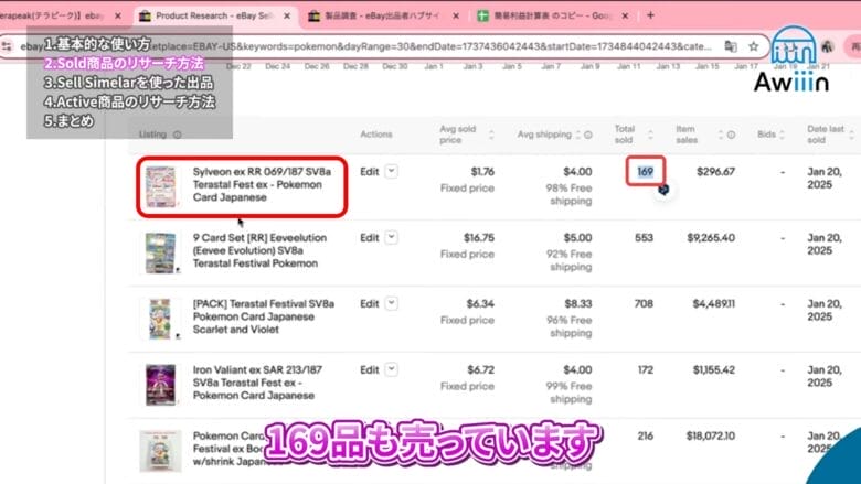 商品ごとの販売個数（Total sold）　画像