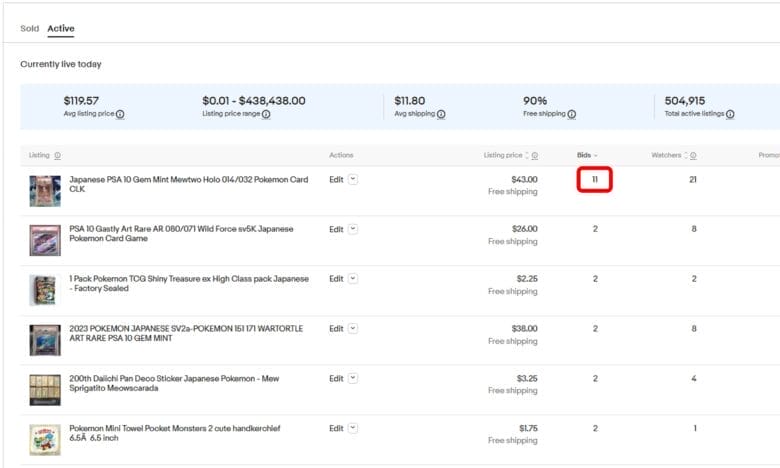 現在出品中の商品のビッド数（Bids）　画像