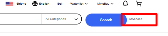 eBayの検索窓右のAdvancedを選択する 画像