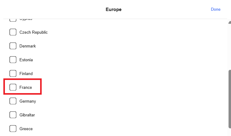 発送除外国（Excluded locations）にフランスが登録されていないか、確認 画像