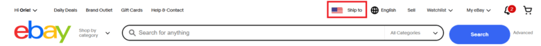 eBayのトップページで一番上の「Ship to」国名をクリック 画像