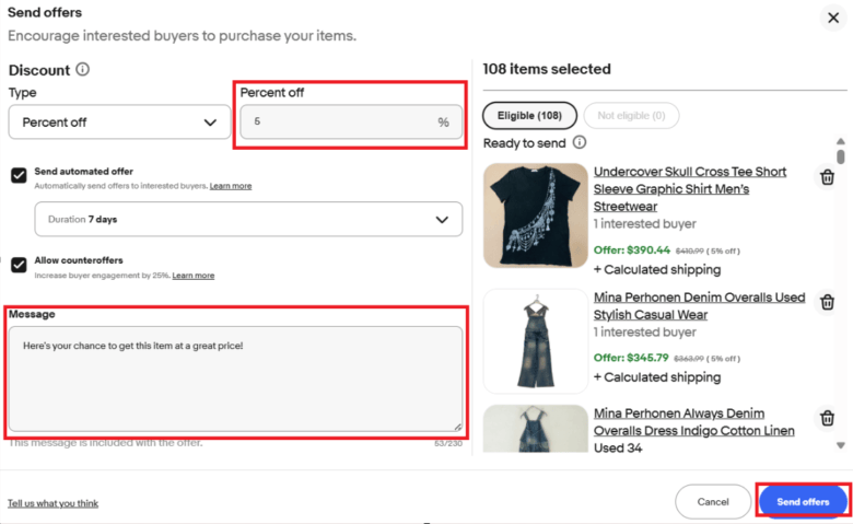 オファーの価格を設定し、バイヤーにメッセージを添える 画像