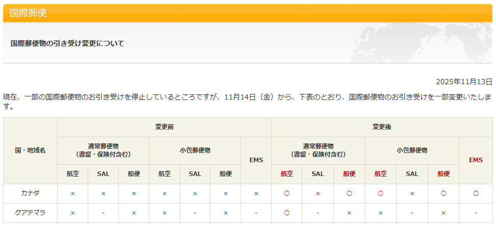 日本郵便カナダ宛の引受再開 画像