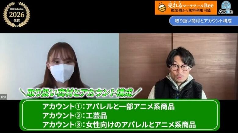 アカウント別の取り扱い商材　画像